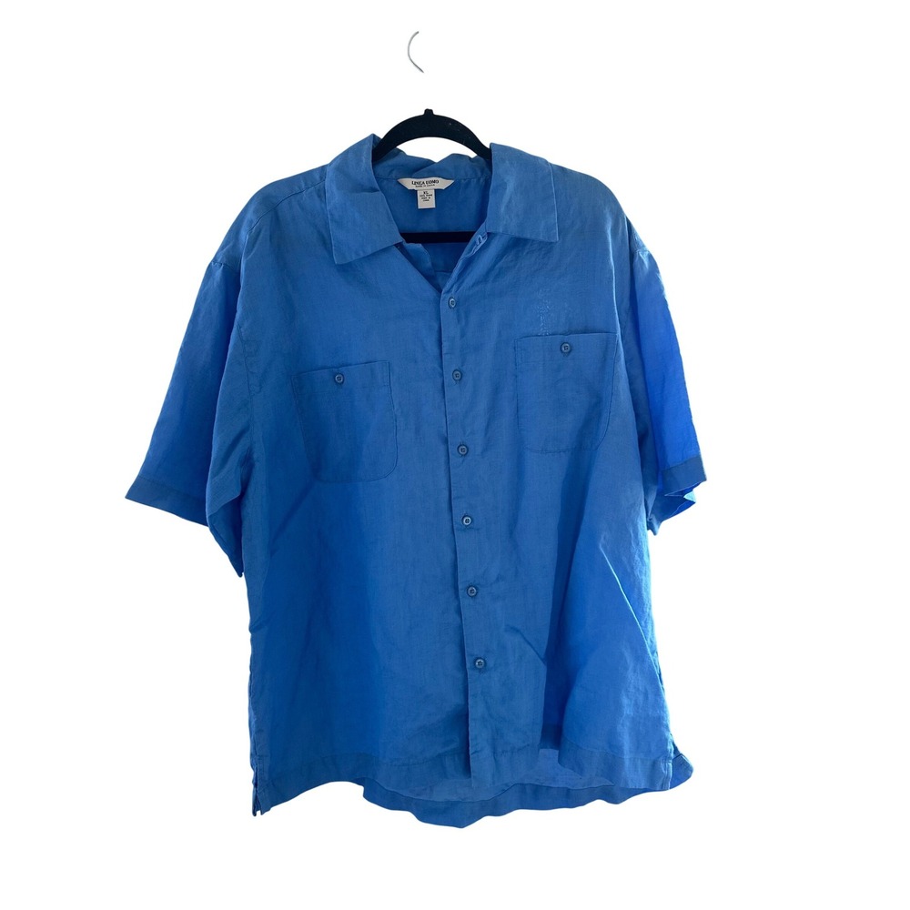 Linea Uomo Mens XL Blue Short Sleeve Button Up 100% Ramie Camp Shirt Pocket